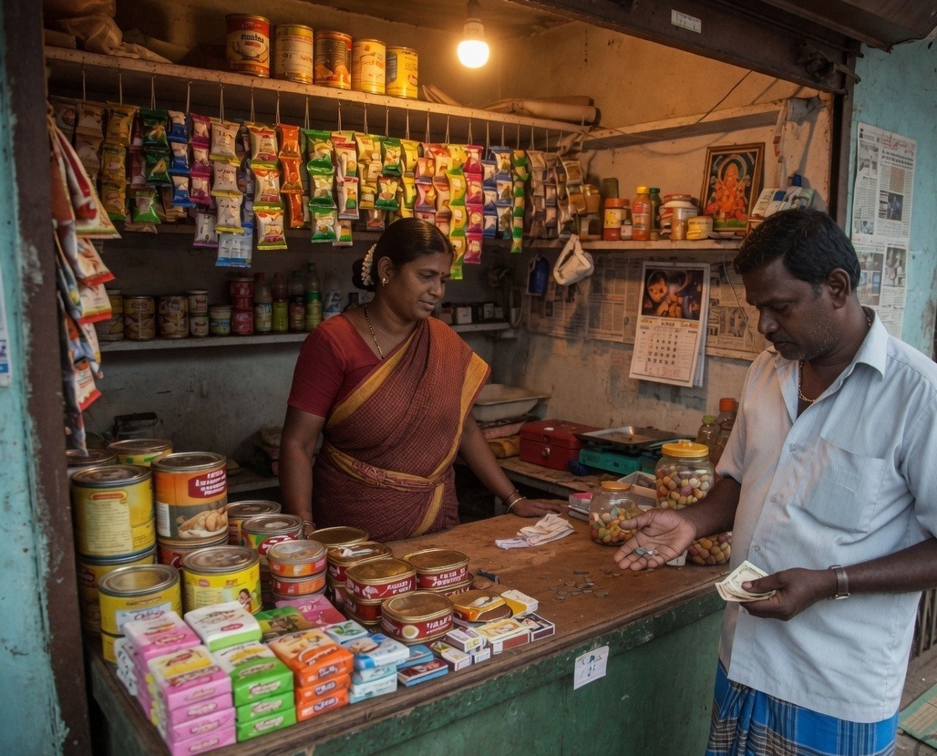 A petty shop keeper serving a customer at the counter