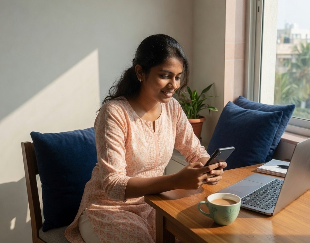A customer completing a mobile banking payment at home