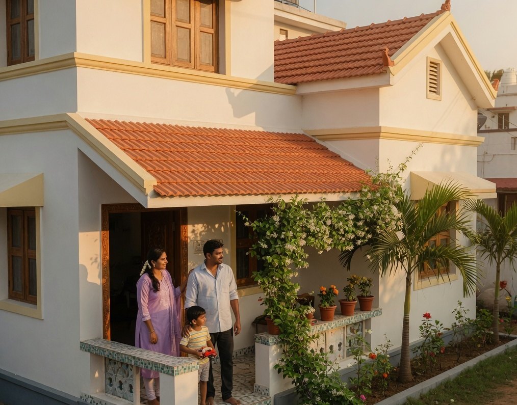 A Tamil Nadu family at the door of their home